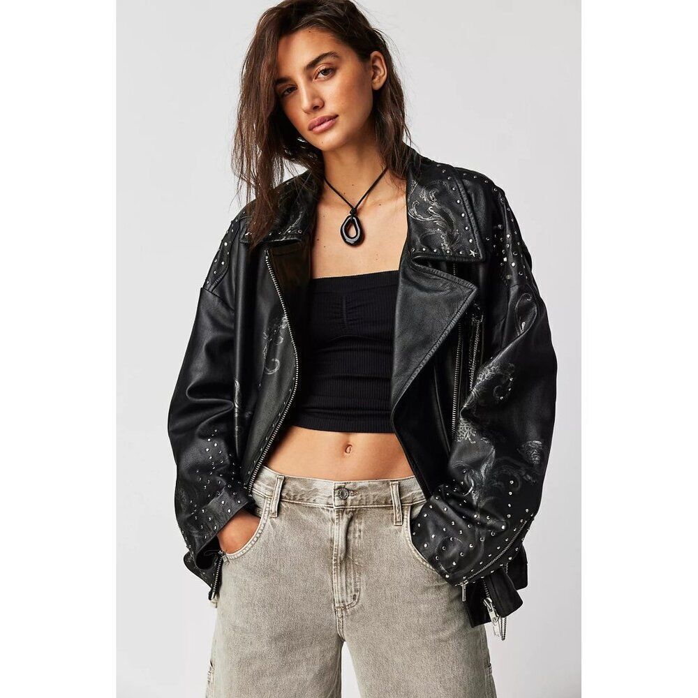 Free People Nigel Preston Chain Embellished Biker Jacket Leather - Picture 14 of 14